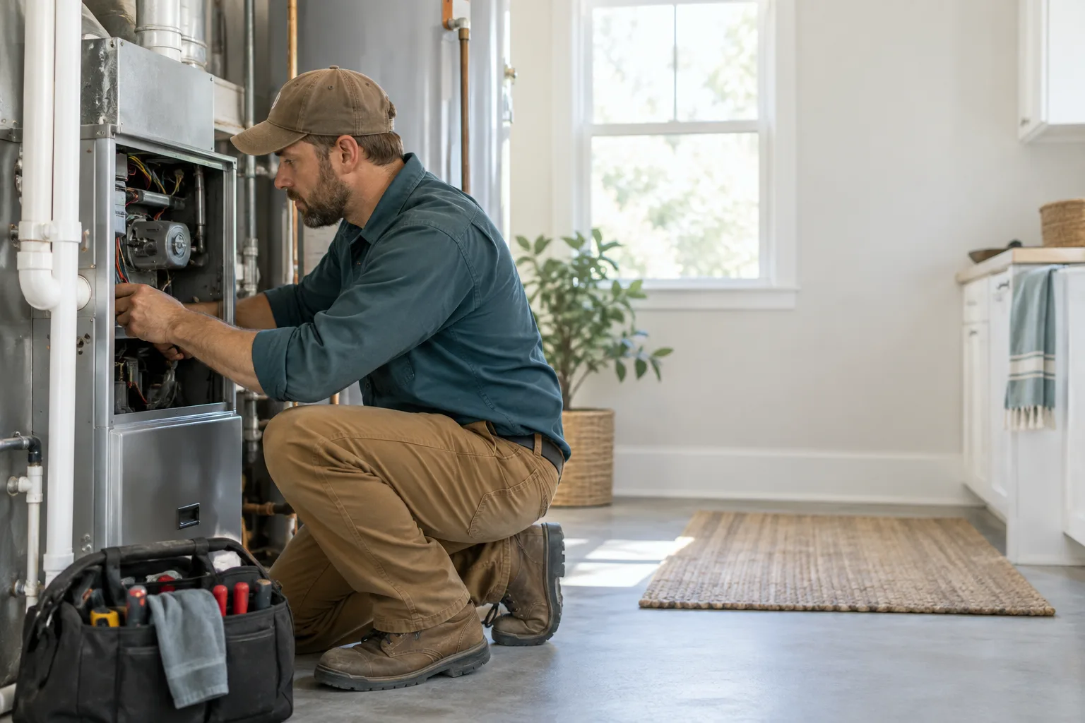 Service technician working on equipment inside a customer's home